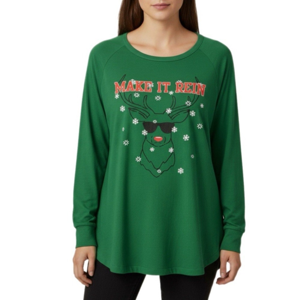 Merry Wear Graphic T-Shirt Women XL Green Make It Rein Reindeer Holiday‎ Top